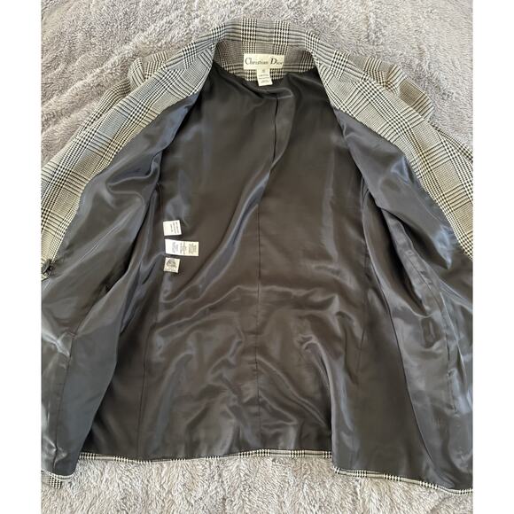 Vtg 90’s Christian Dior Black White Worsted Wool Houndstooth Jacket Blazer Belt - Picture 7 of 13